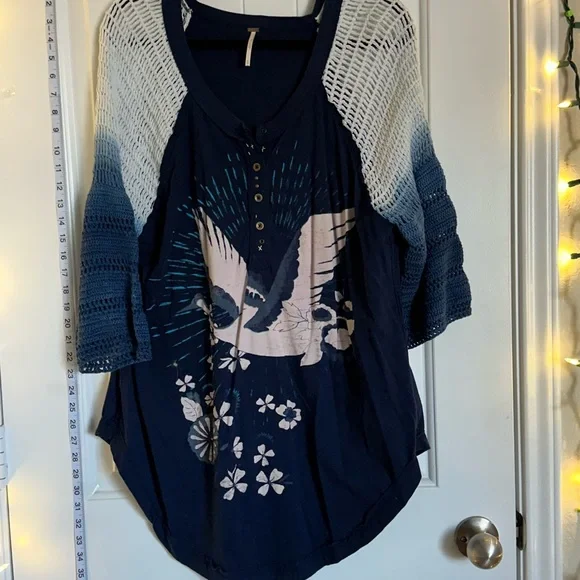 LG- Free People Navy Blue Women's Top with Bird Design - Picture 2 of 10
